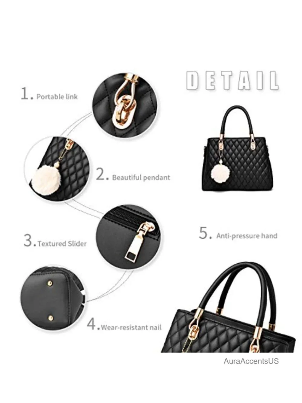PU Leather Satchel Handbag with Pom Pom - Tote Shoulder Bag for Women